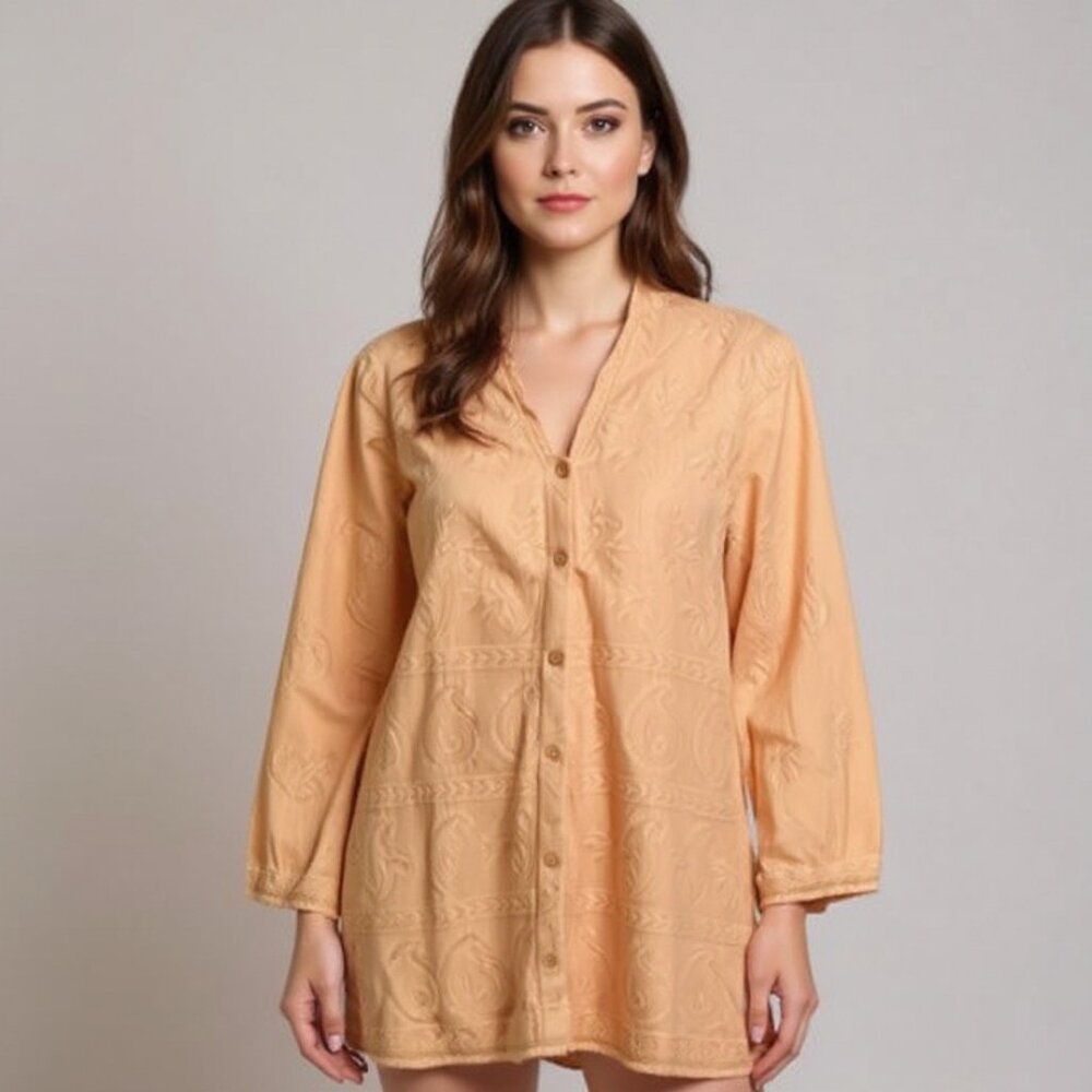 Anthro Forever that Girl Orange Easton Embroidered Tunic Top Blouse Size 8